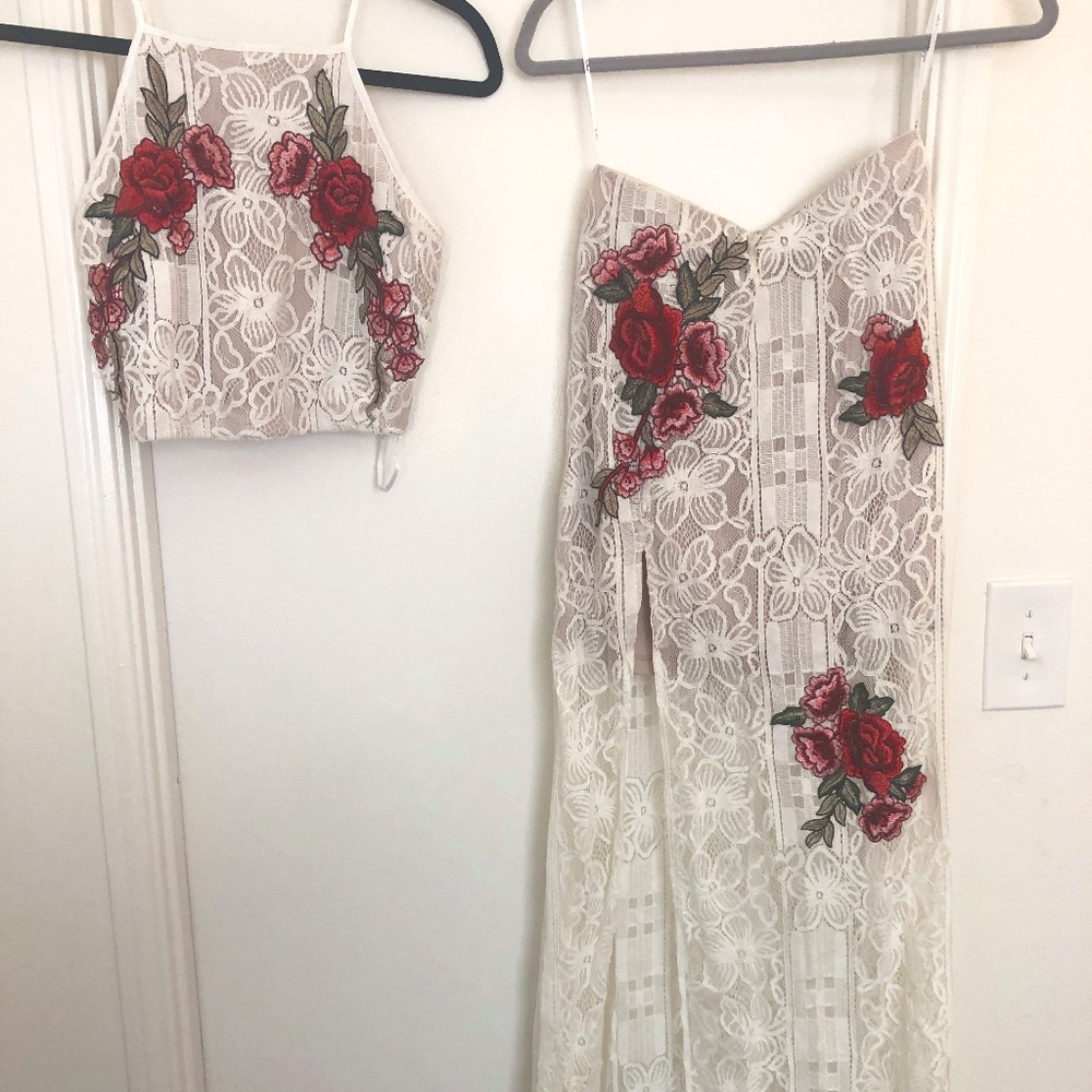 White Lace Two-Piece with Flower Details